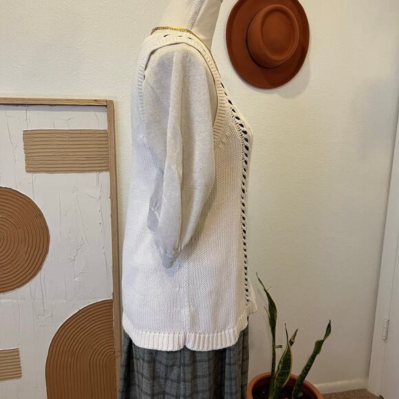 LOFT White Chunky Cotton Knit Woven Stitch Pullover Sweater Vest - M - Picture 5 of 11